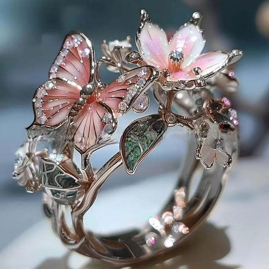 Brimhaven vintage zlatý květinový prsten – elegantní motýl a romantický květinový design, dokonalý vánoční dárek.🌸💎