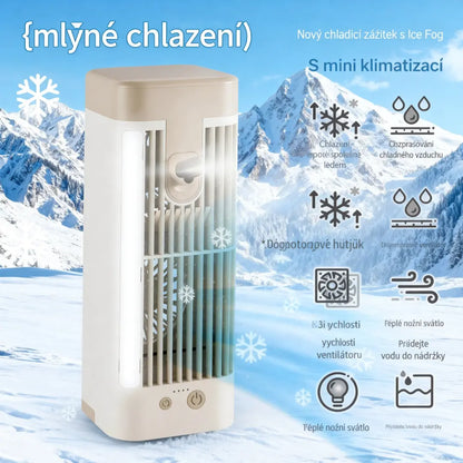 ❄️ USB Stolní Ochlazovač Vzduchu s Rozprašovačem a LED Nočním Světlem – Možnost Přidání Ledu pro Okamžité Ochlazení